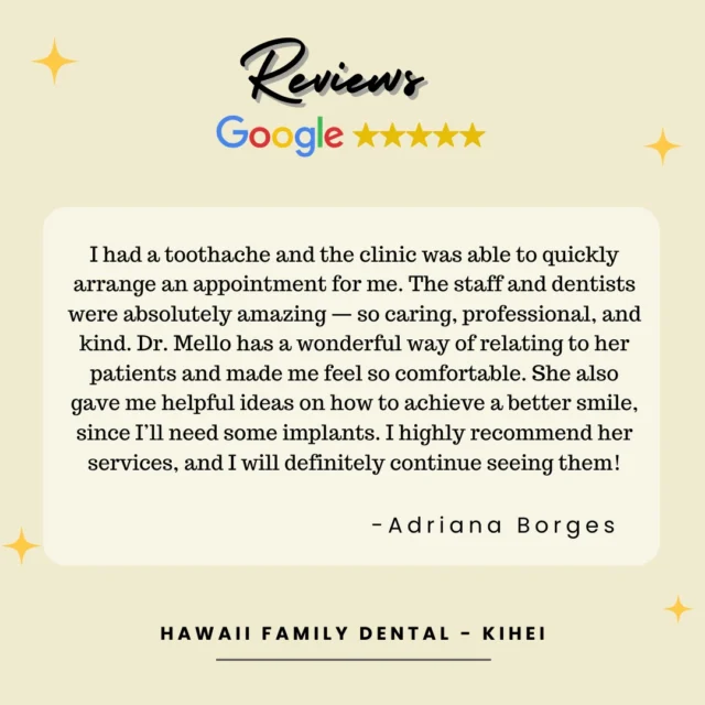 Smiles all around! Thank you for your wonderful review—we’re so happy to be a part of your dental journey. 🦷
 

#hifamilydental
#Grateful
#HappySmiles
#patientappreciation