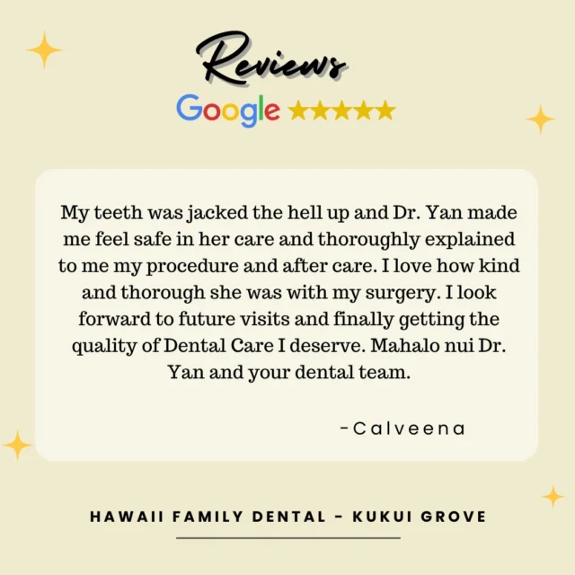 Big mahalo to our awesome patient for the kind review. We truly appreciate you! 🦷
 

#hifamilydental
#TeamKKG
#DentalCare
#Patientreview
#smilebright
